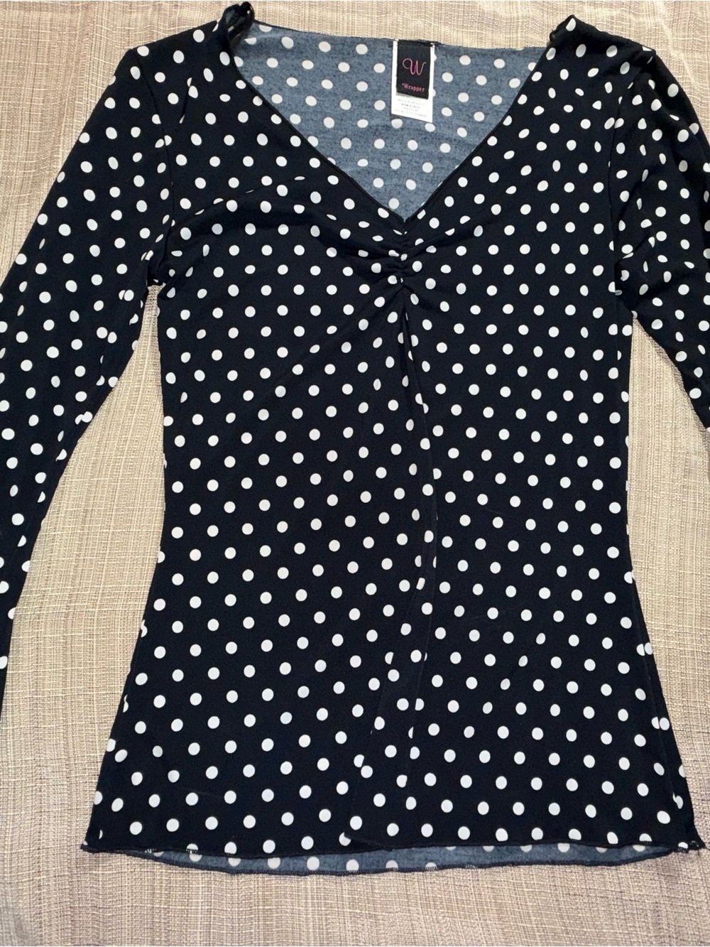 Wrapper Black and White Polka Dot Long Sleeve V-Neck Top